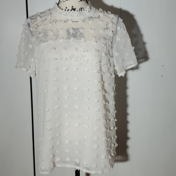 Womens White Raised Puffy Texture Pom Pom Blouse Sheer Keyhole back Sz.Medium - Picture 1 of 7